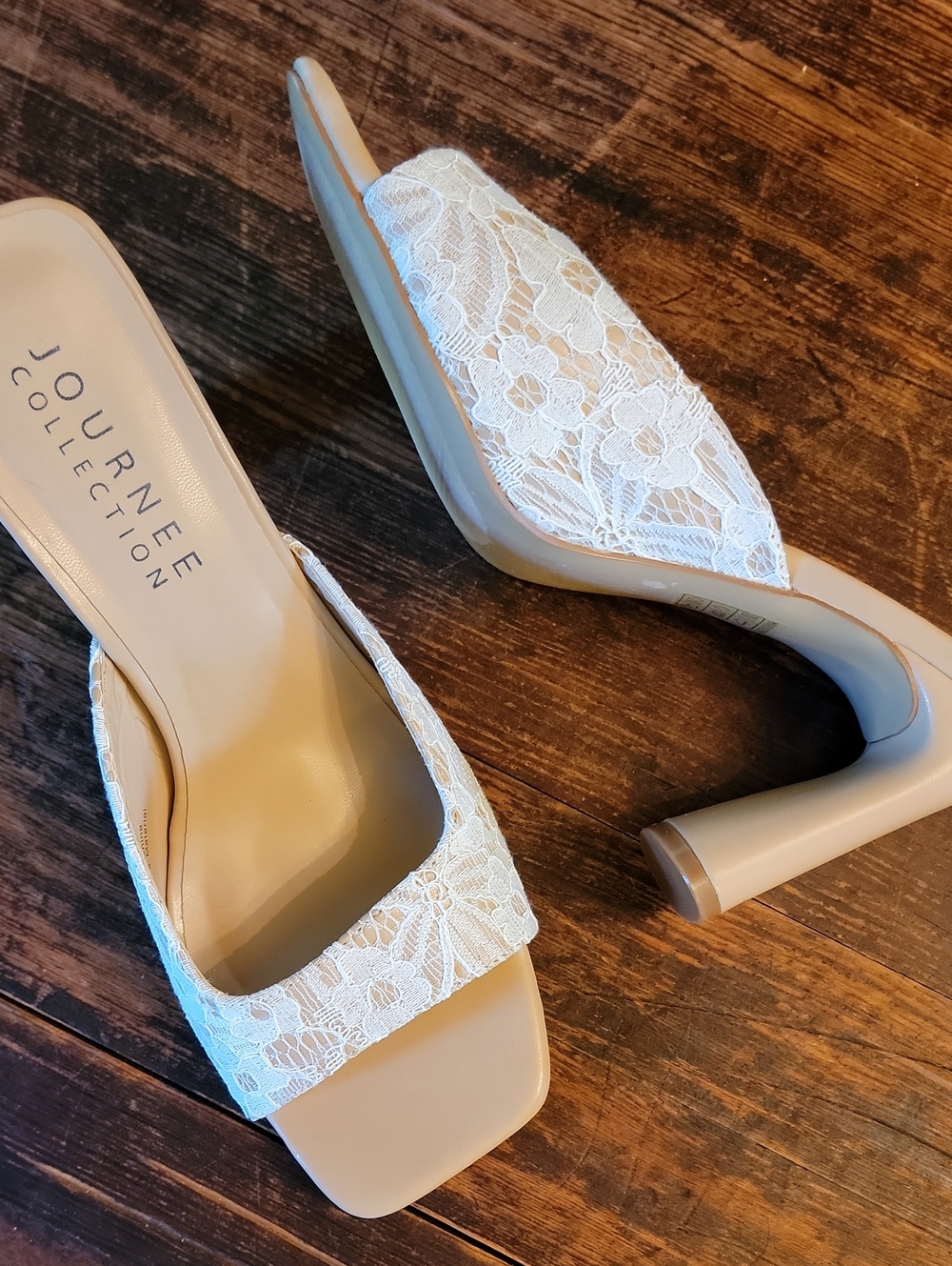 Journee Collection Ivory Lace Block Heel Mule - Open Square Toe